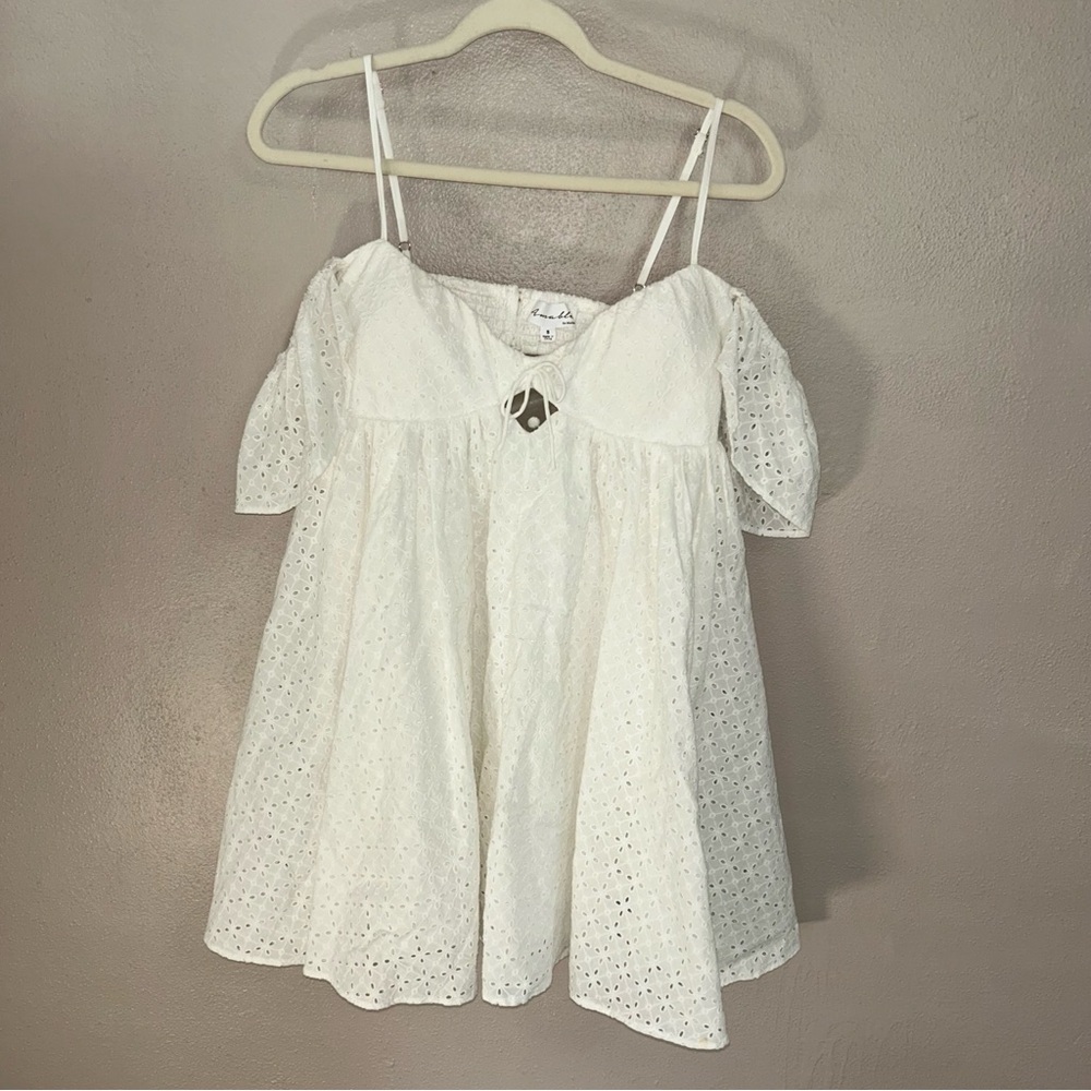 MARBLE eyelet White Off-Shoulder Mini Dress - Picture 2 of 6